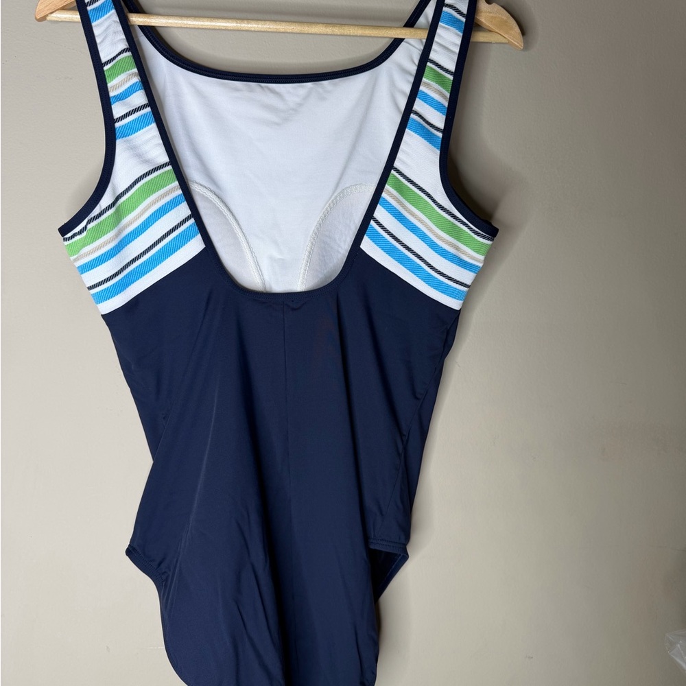 Nautica Navy One-Piece Swimsuit with Blue, Green & White Striped Size 14 - Picture 2 of 4